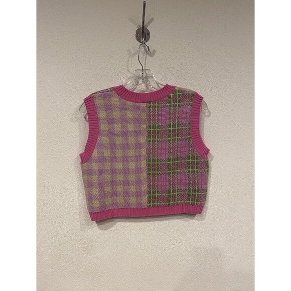 Ragged Jeans Lyric Sweater Vest Womens Medium Pink Patchwork Plaid Knit Cropped - Picture 4 of 4